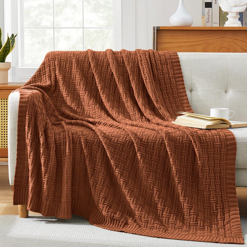 TREELY 100% Cotton Knitted Throw Blanket Couch Cover Blanket(50 x 60 Inches, Brown) - Image 2